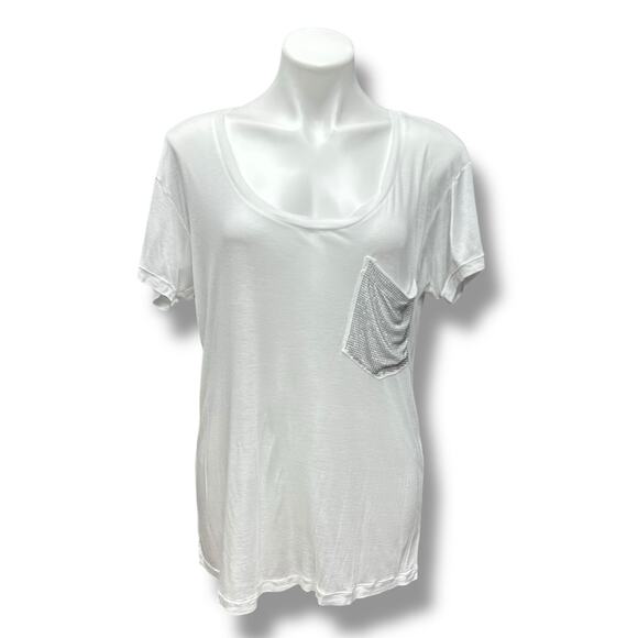 Y2K Express T Shirts 2 Sheer Embellished Pockets Black White Studded Sequins M - Picture 14 of 16